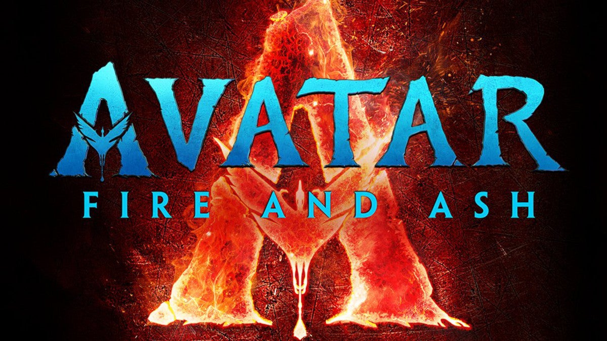 Avatar: fuego y cenizas, letra azul, fondo rojo.