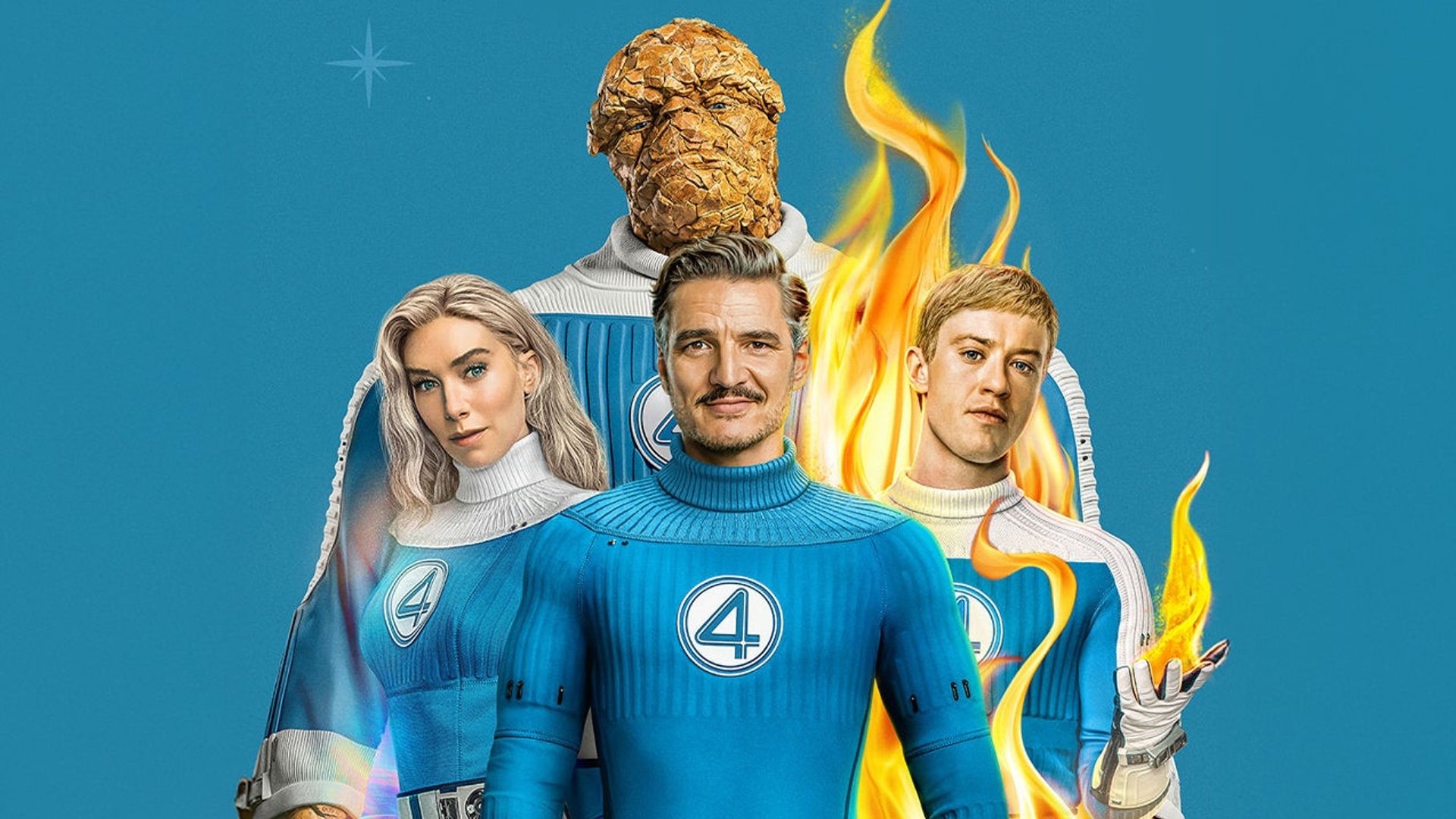 Cuatro superhéroes con trajes azules y poderes especiales.