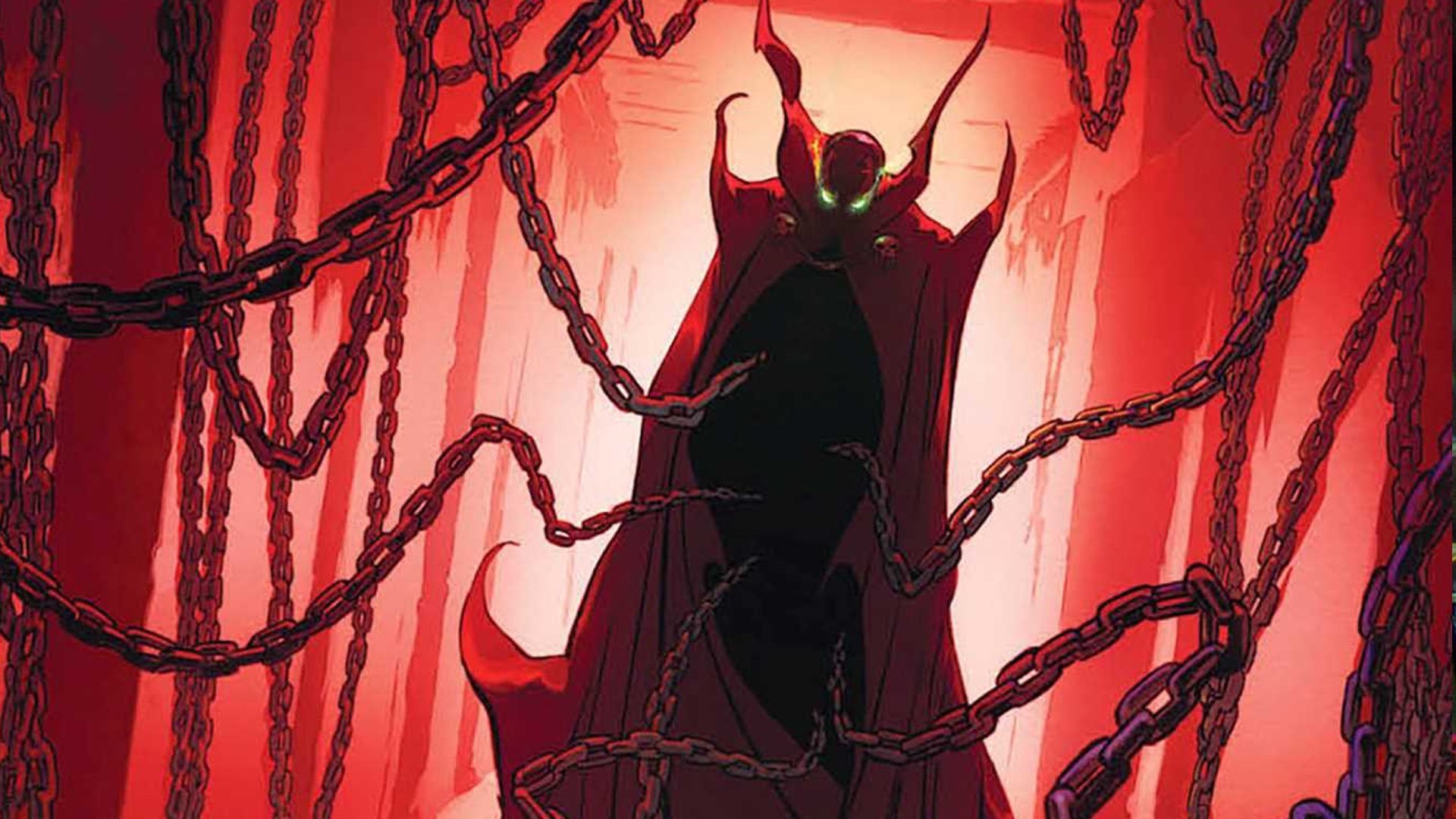 Figura misteriosa rodeada de cadenas y luces rojas.